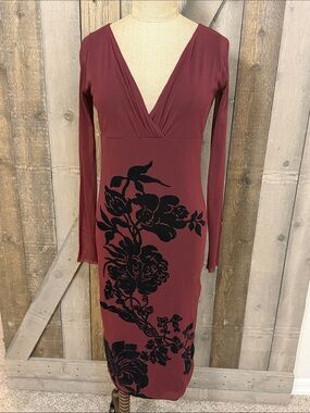 FUZZI Vintage Made in Italy Burgundy Floral Bodycon Midi Dress Sheer Sleeve